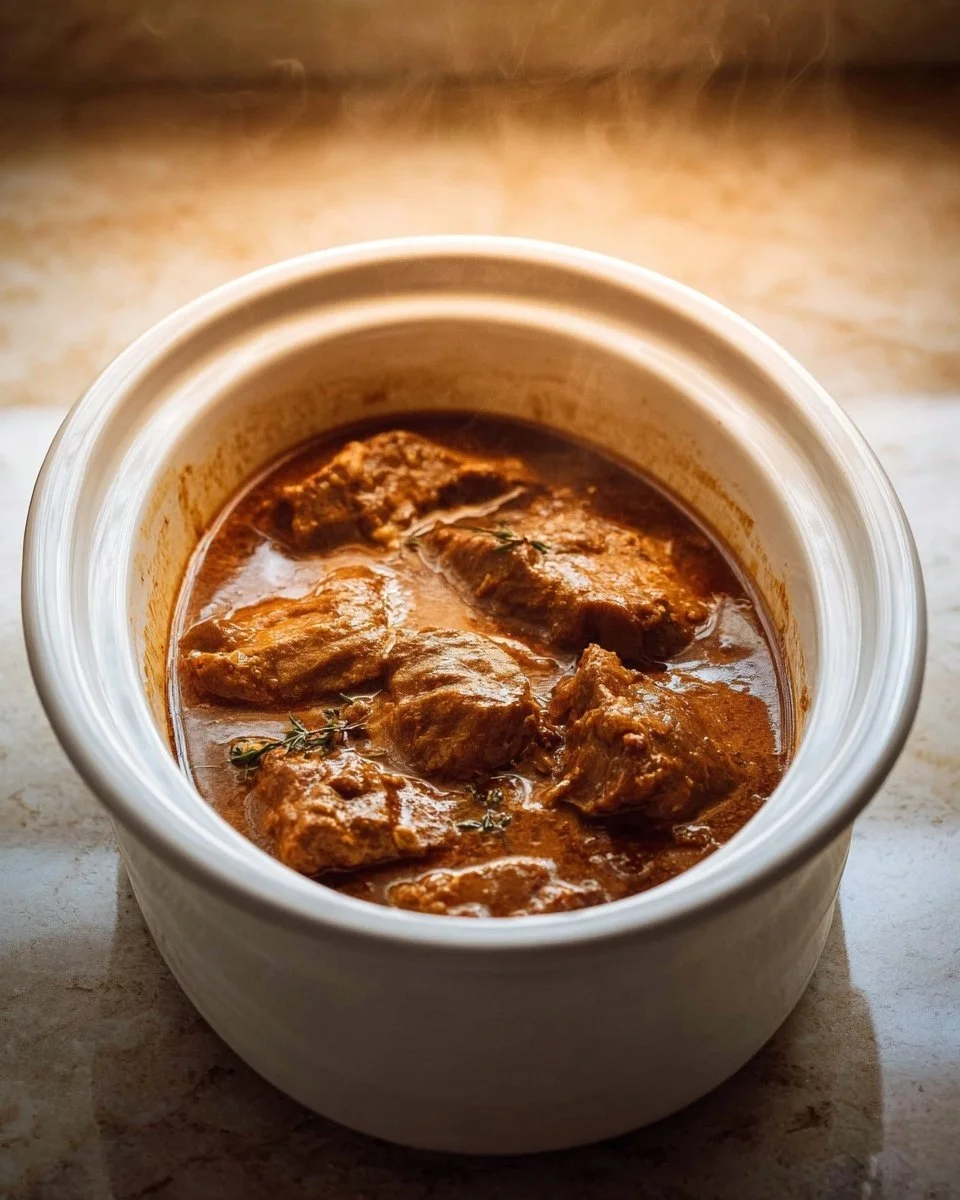 A delicious French onion pot roast served with herbs and onions on a plate.