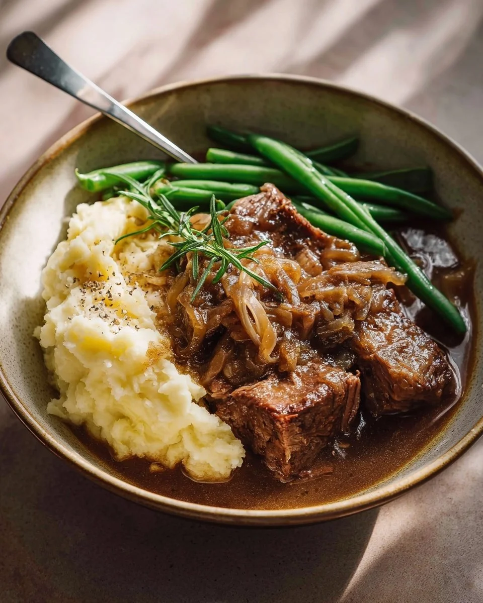 Delicious French Onion Pot Roast served with melted cheese and herbs.