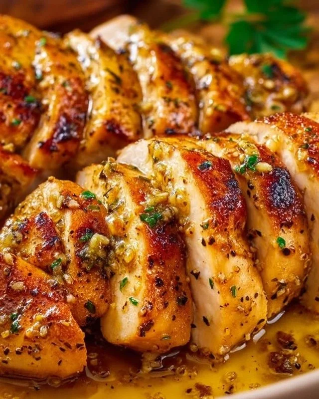 Delicious Garlic Butter Chicken served with fresh herbs