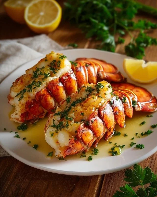 Delicious garlic butter lobster tails served on a plate.