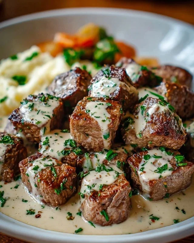 Delicious garlic butter steak bites topped with rich Parmesan cream sauce.