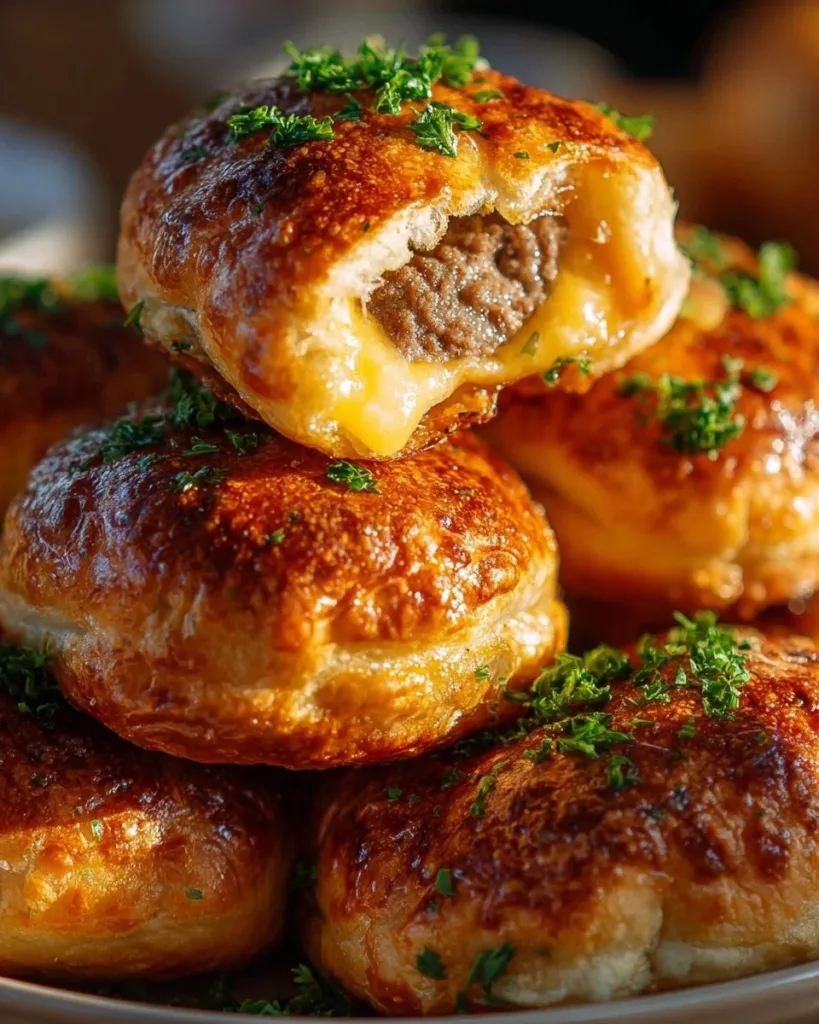 Fluffy Garlic Parmesan Cheeseburger Bombs stuffed with cheese and beef