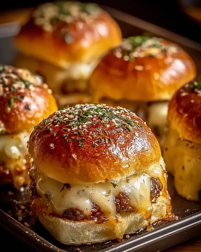 Garlic Parmesan Cheeseburger Bombs with melted cheese and herbs