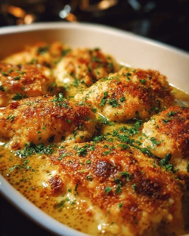 Garlic Parmesan Chicken Bake served on a plate with herbs garnishing.