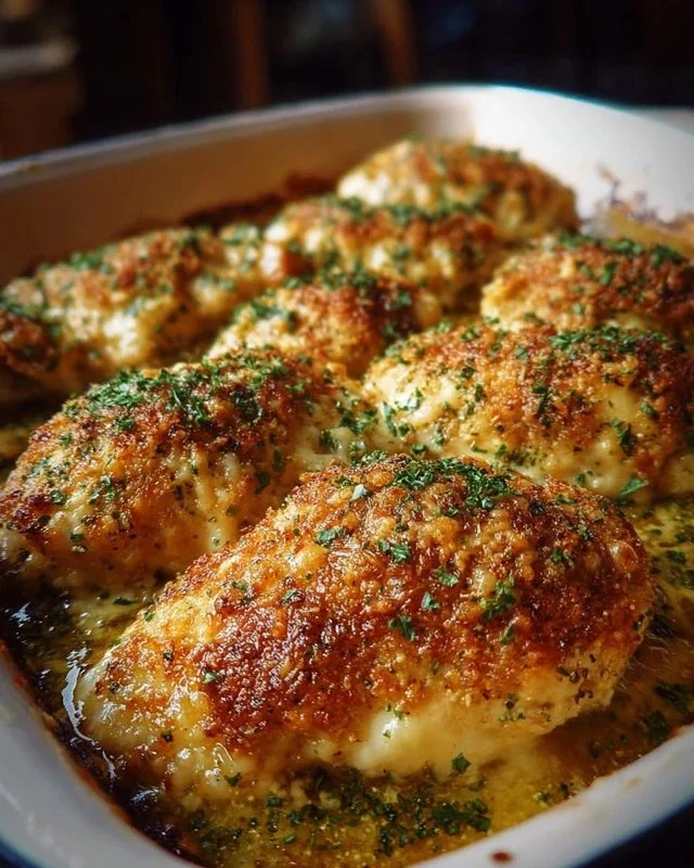 Garlic Parmesan Chicken Bake garnished with herbs on a baking dish