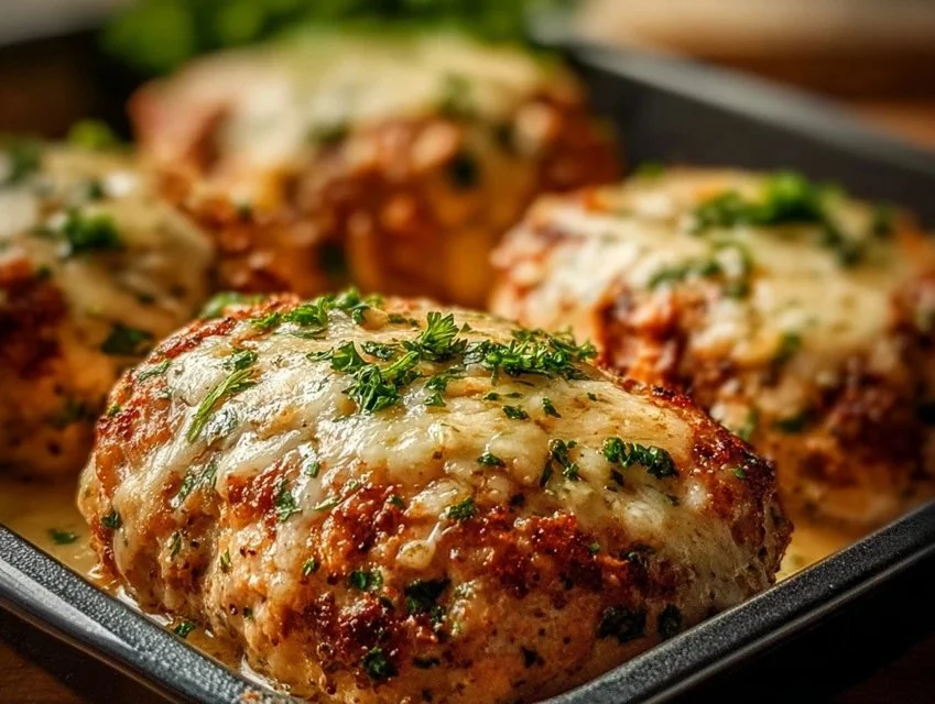 Garlic Parmesan Chicken Meatloaf on a plate garnished with herbs