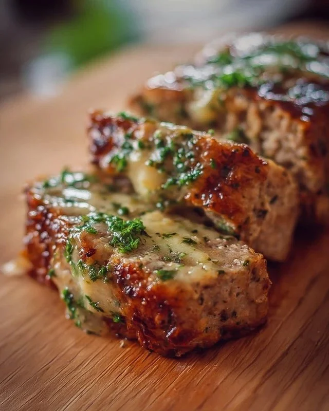 Garlic Parmesan Chicken Meatloaf on a serving plate garnished with herbs