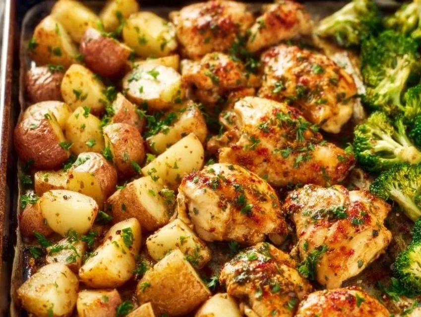 Garlic Parmesan Chicken garnished with herbs, served with roasted potatoes