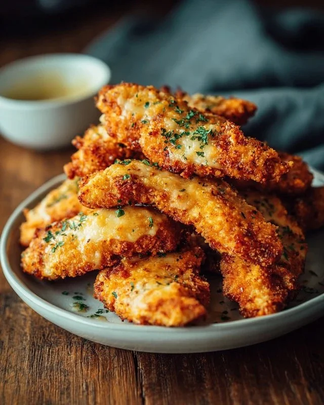 Crispy Garlic Parmesan Chicken Tenders served with dipping sauce