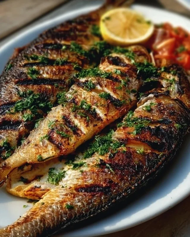 Grilled seabass seasoned with Greek herbs and served with lemon.