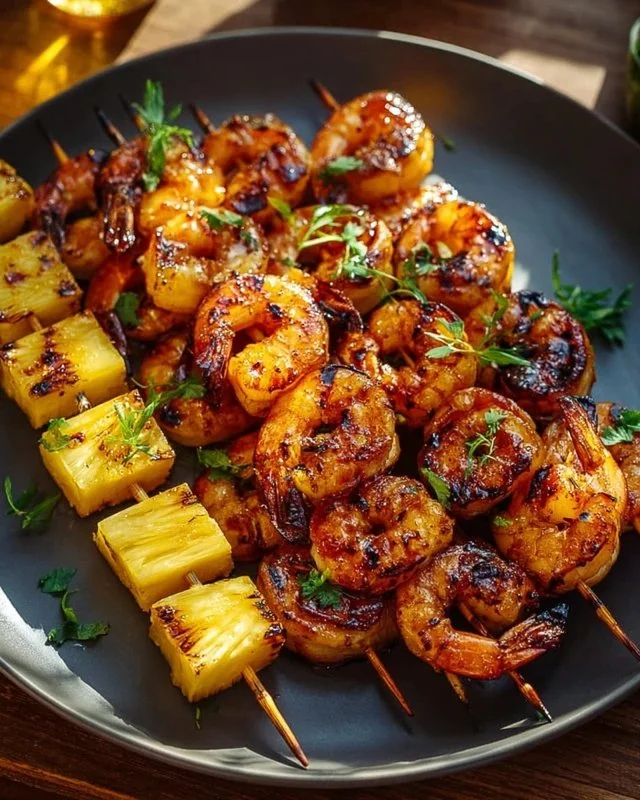 Grilled jerk shrimp and pineapple skewers ready to be served at a summer barbecue