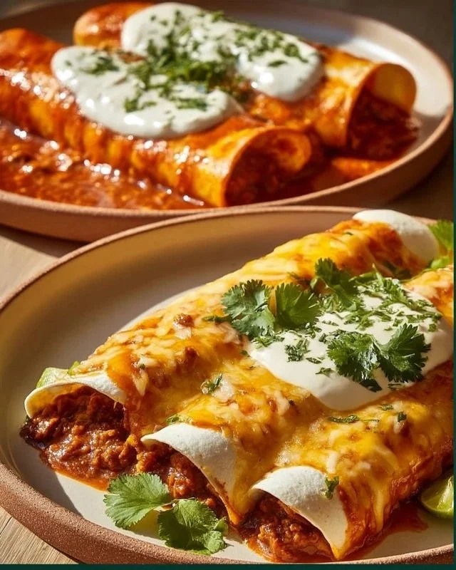 Delicious ground beef enchiladas served with cheese and sauce
