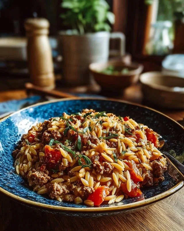 Delicious Ground Beef Orzo dish served in a bowl with herbs