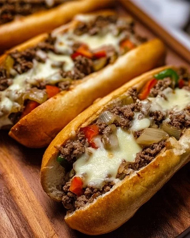 Delicious Ground Beef Philly Cheesesteaks served with melted cheese and toppings.
