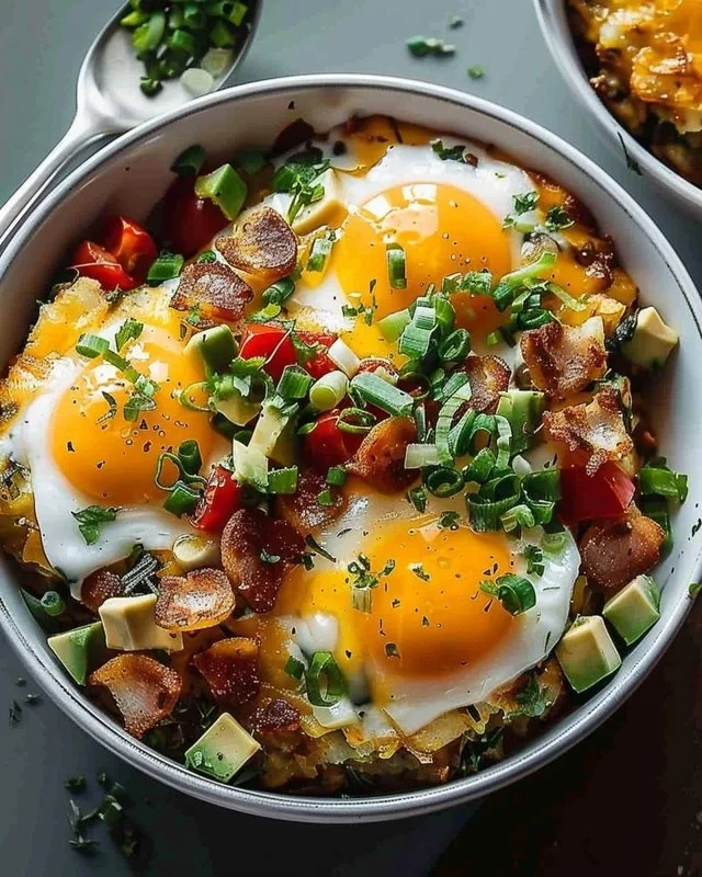 Delicious hash brown breakfast bowl topped with eggs and fresh vegetables.