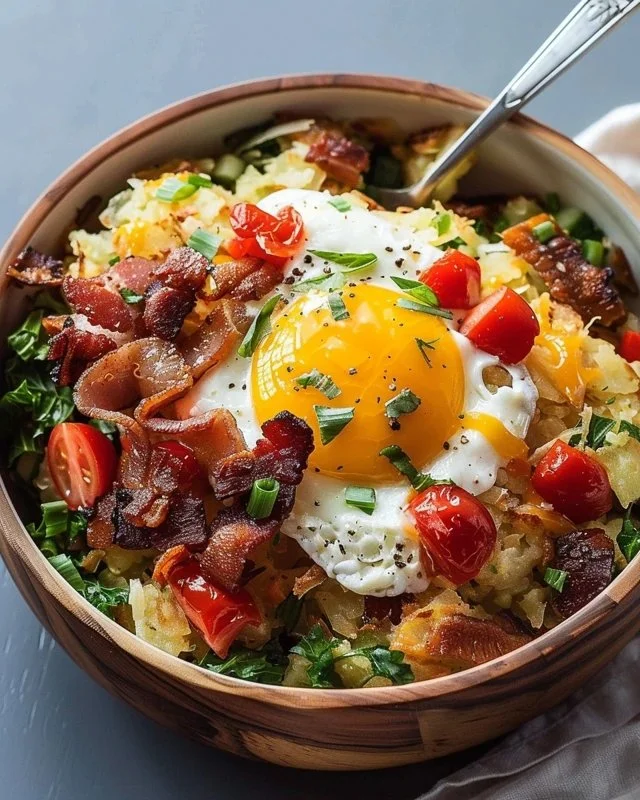 Delicious hash brown breakfast bowls with toppings