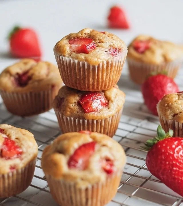 Healthy strawberry banana muffins made with yogurt, fresh strawberries, and bananas.