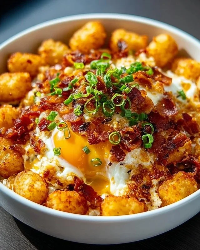 Hearty Tater Tot Breakfast Bowl topped with eggs, cheese, and veggies.