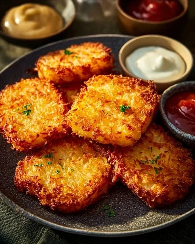 Golden crispy homemade hash browns served on a plate.