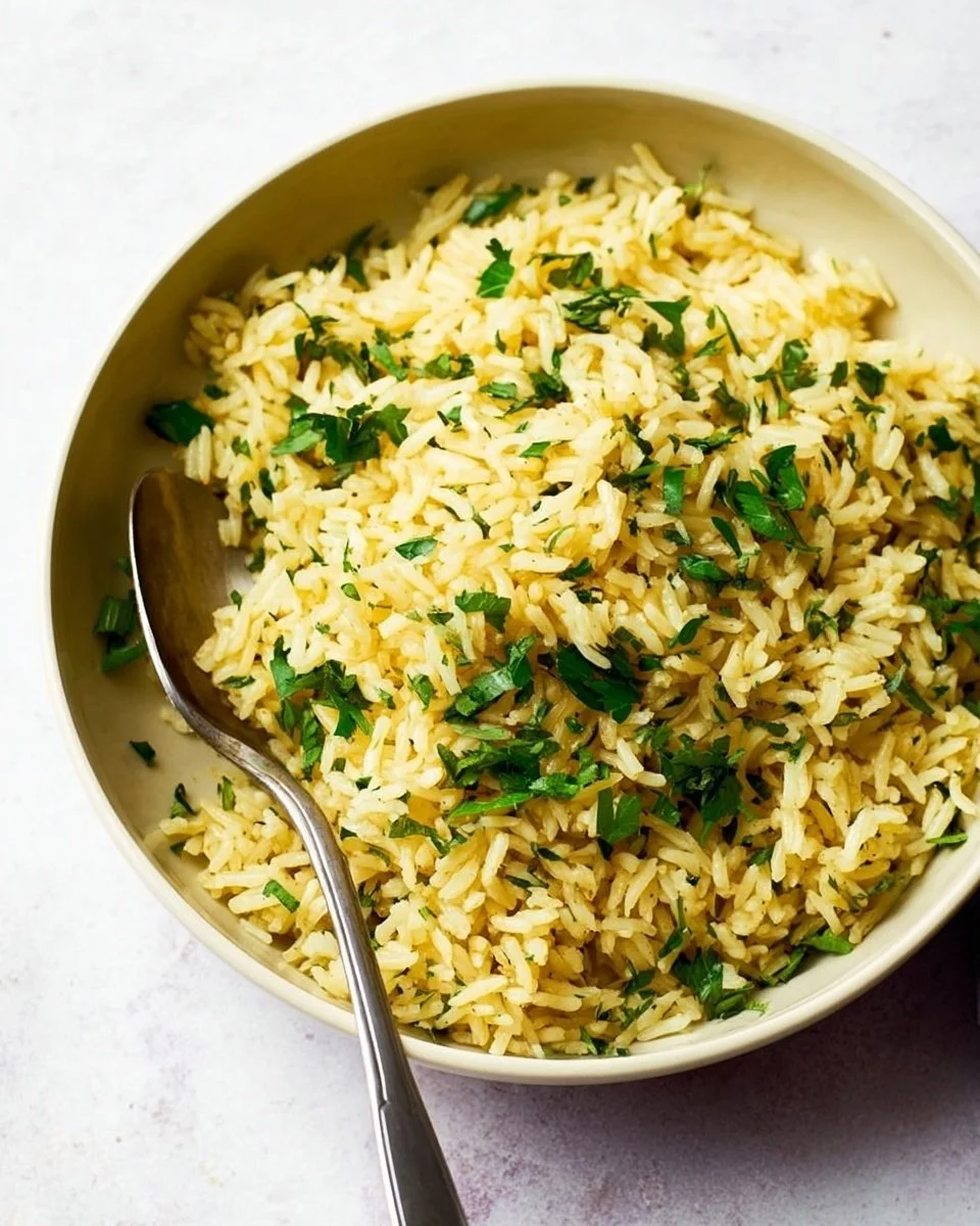 Bowl of homemade rice pilaf garnished with herbs and spices.