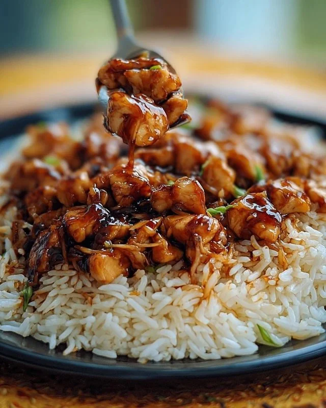 Honey BBQ Chicken Rice dish plated with garnishes for a tasty meal