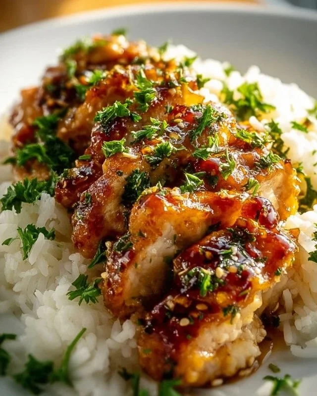 Delicious Honey Garlic Chicken served with vegetables and rice