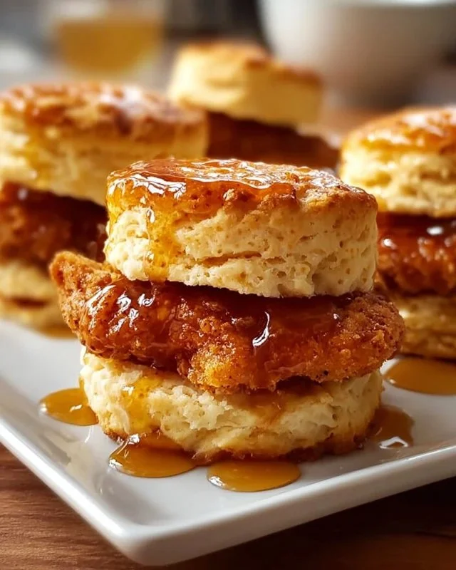 Hot Honey Chicken Biscuit served on a plate with a golden biscuit and drizzled honey