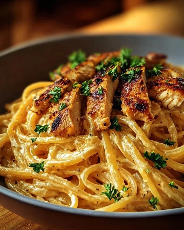 Delicious Cowboy Butter Chicken Linguine served in a bowl.