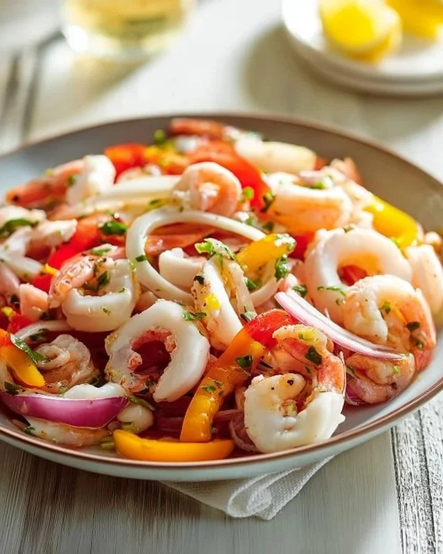 Italian seafood salad with fresh ingredients and seafood served in a bowl