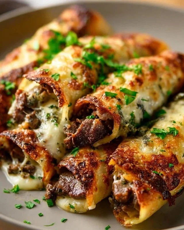 Delicious Keto Philly Cheesesteak Rolls served on a plate with toppings.
