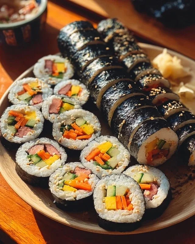 A beautifully arranged plate of homemade Kimbap rolls with vegetables and fish.