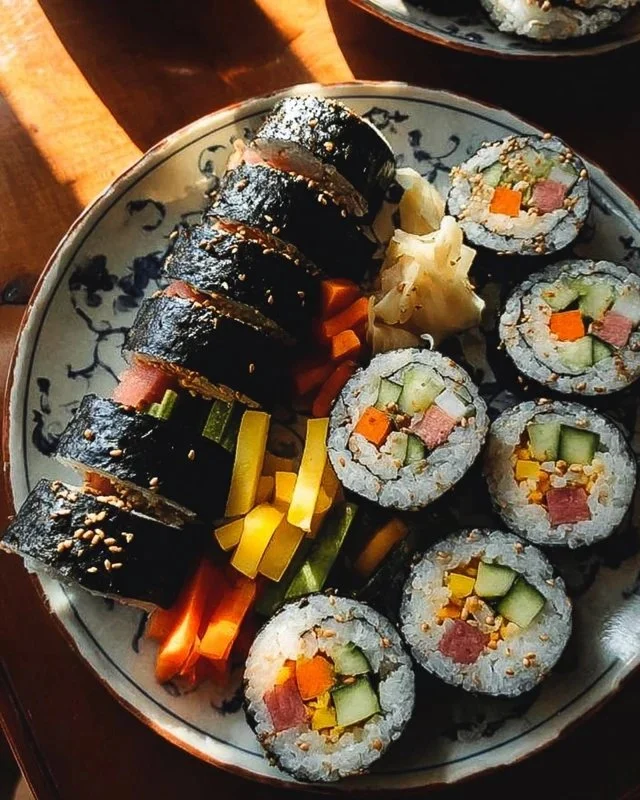 Delicious Kimbap Korean seaweed rice rolls served on a platter.