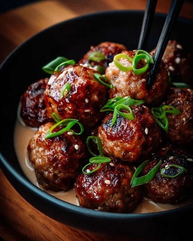 Delicious Korean BBQ meatballs garnished with green onions and sesame seeds