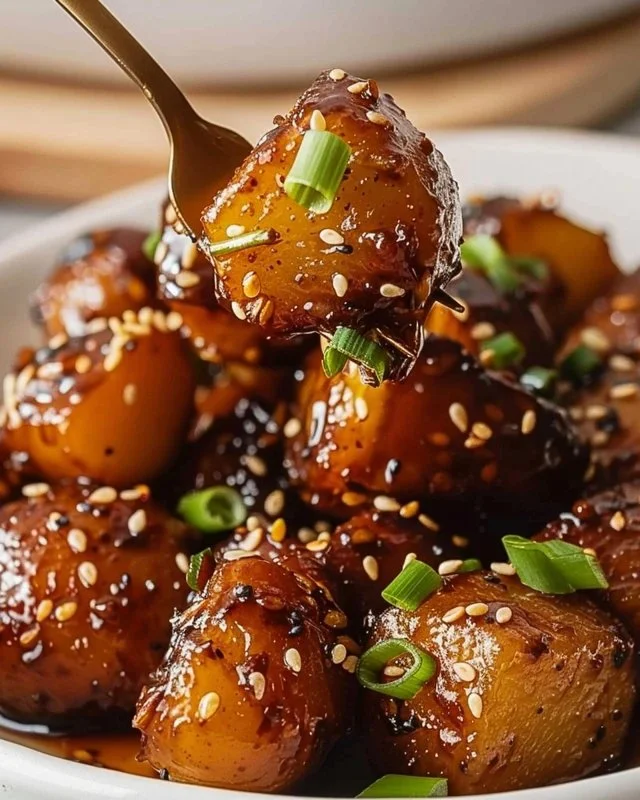 Korean Braised Potatoes served in a bowl with seasoning and garnish