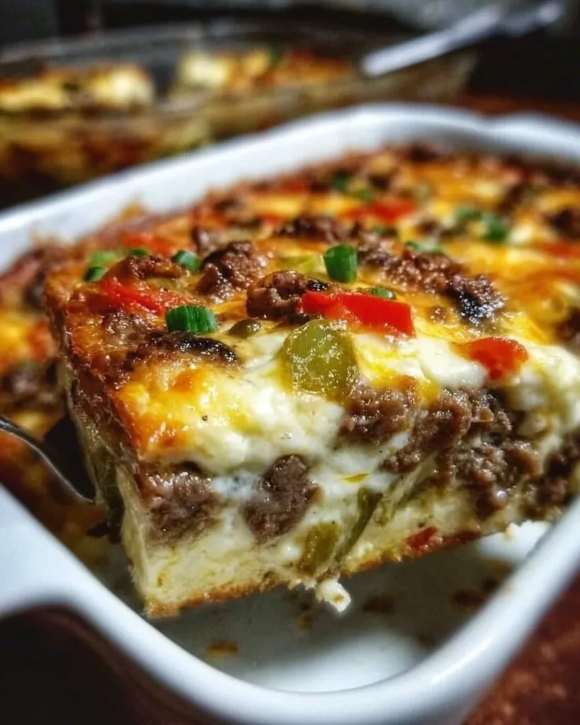 Delicious low carb Philly cheesesteak casserole served in a dish