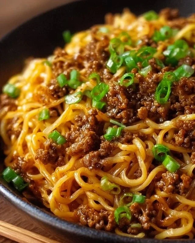 Mongolian Ground Beef Noodle Skillet with vibrant vegetables and tender noodles