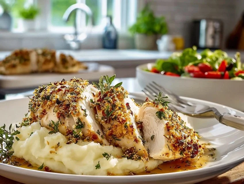 Delicious Parmesan Herb Chicken garnished with herbs on a plate.