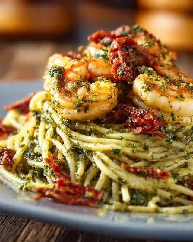 Delicious pesto pasta stacked with grilled shrimp for a gourmet dish.