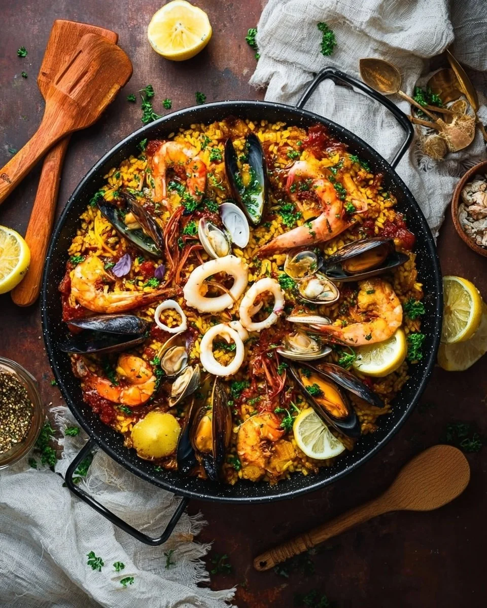 Delicious seafood paella with shrimp, mussels, and saffron rice served in a traditional pan.