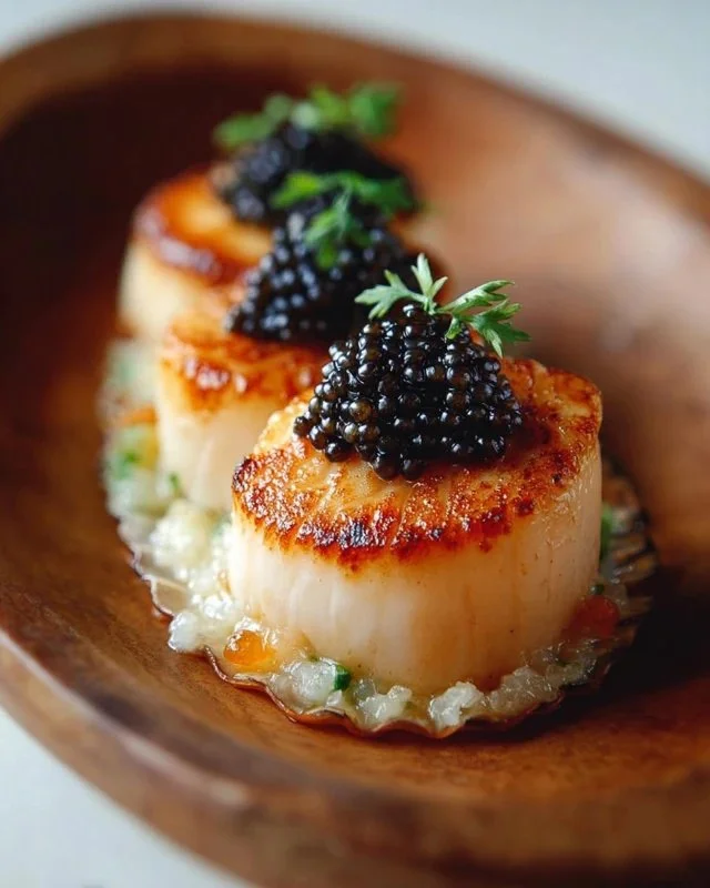 Plate of seared scallops topped with caviar and garnished elegantly