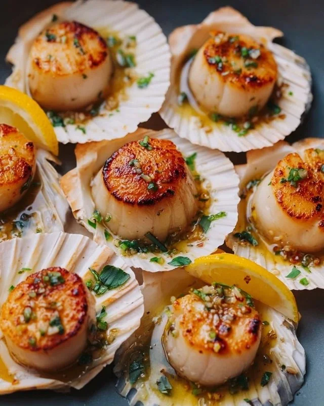 Delicious seared scallops topped with yuzu garlic butter served on a plate