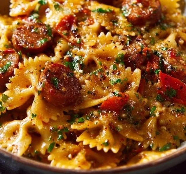 Skillet Italian Sausage and Butternut Squash Pasta dish in a skillet