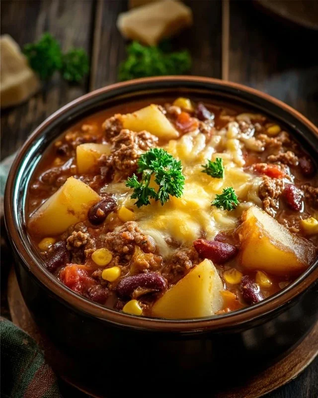 Slow Cooker Cowboy Casserole dish served with toppings