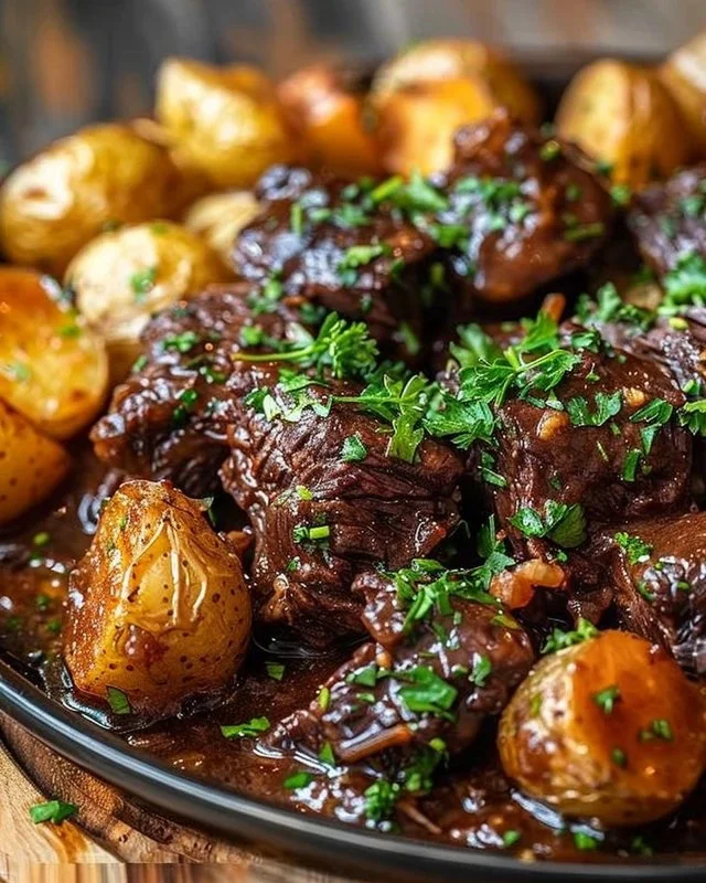 Slow Cooker Garlic Butter Beef served with potatoes on a plate
