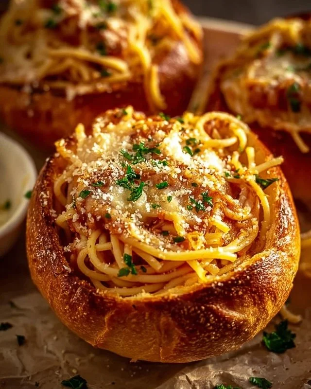 Spaghetti garlic bread bowls filled with delicious spaghetti and herbs.