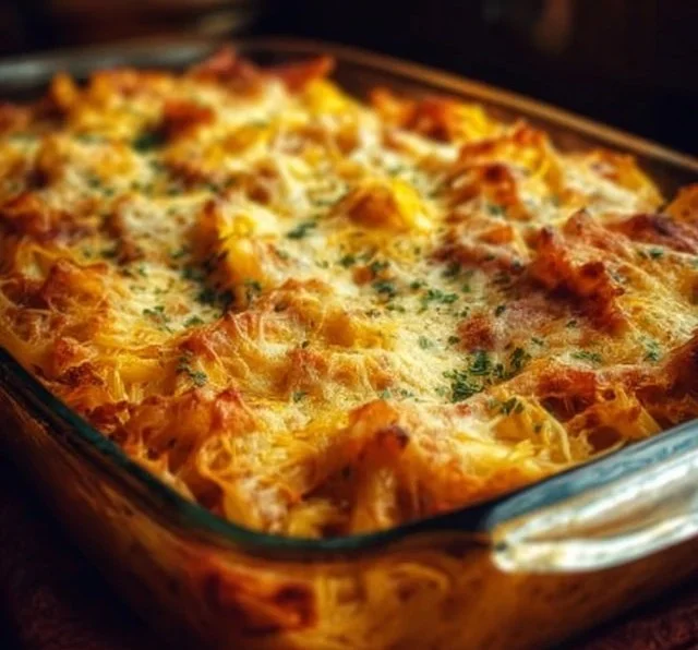 Delicious spaghetti squash casserole dish topped with cheese and herbs