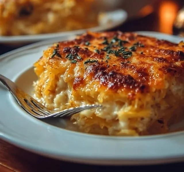 Creamy spaghetti squash gratin dish topped with cheese and herbs.
