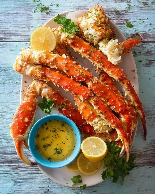 Steamed king crab legs with garlic lemon butter on a plate