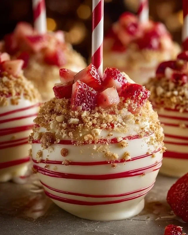 Strawberry shortcake candy apples with frosting and sprinkles