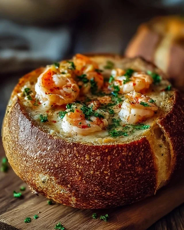 Stuffed seafood bread bowl filled with fresh seafood and herbs